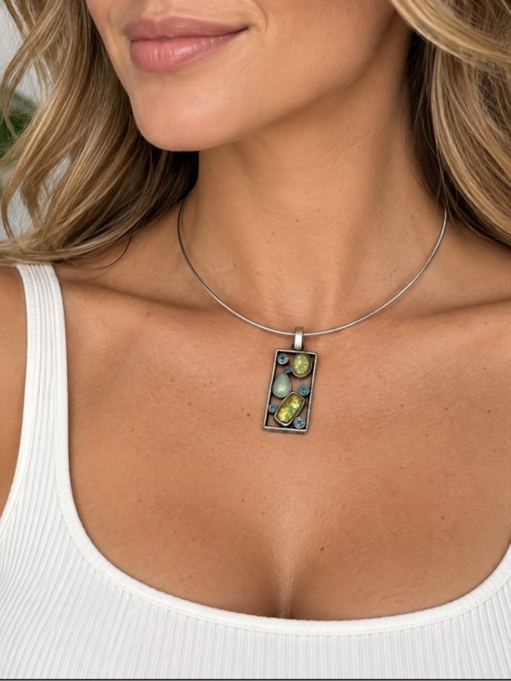 Lia Sophia Multicolor Stone Rectangle Pendant Silver Tone Choker Necklace